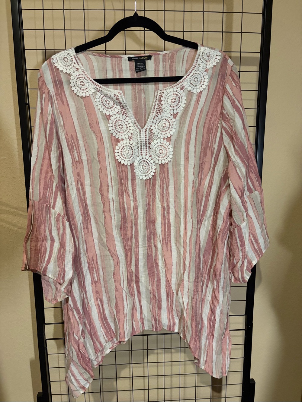 Robert Louis Pink Stripe Crochet V-Neck Tunic Top